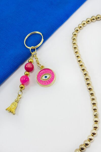 Pink Colored Cluster Beaded Eye Figured Keychain, Gift Keychain