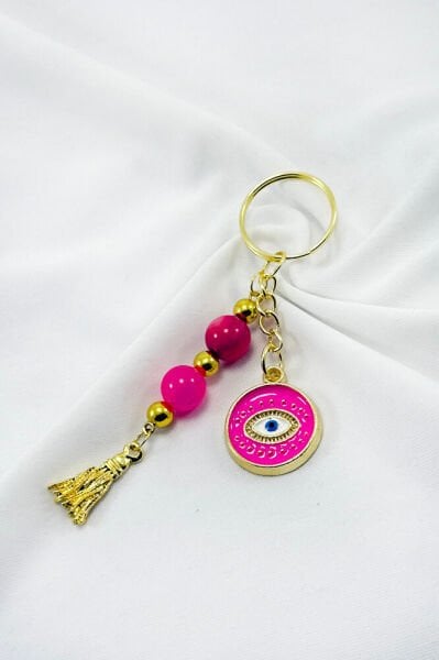 Pink Colored Cluster Beaded Eye Figured Keychain, Gift Keychain
