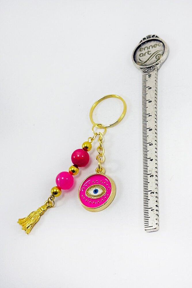 Pembe Renkli Salkım Boncuklu Göz Figürlü Anahtarlık, Hediyelik Anahtarlık