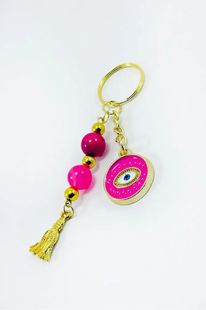 Pembe Renkli Salkım Boncuklu Göz Figürlü Anahtarlık, Hediyelik Anahtarlık
