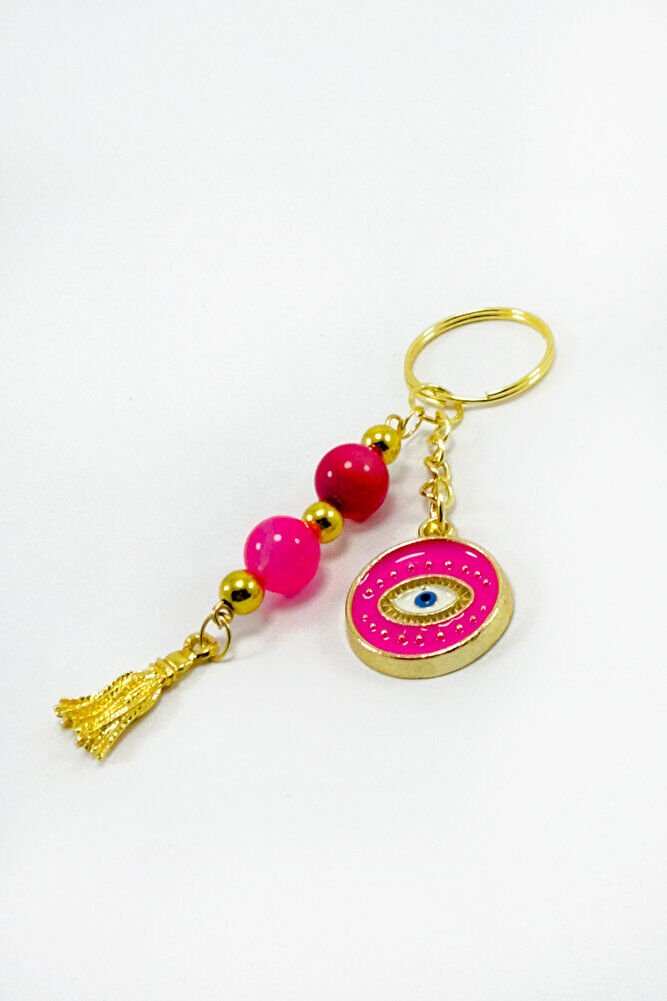 Pembe Renkli Salkım Boncuklu Göz Figürlü Anahtarlık, Hediyelik Anahtarlık