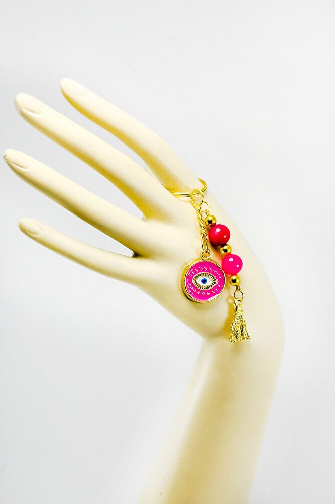 Pembe Renkli Salkım Boncuklu Göz Figürlü Anahtarlık, Hediyelik Anahtarlık