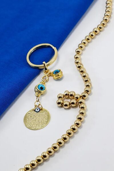 Metal Ayetel Kursi Keychain with Framed Evil Eye Bead, Gift Keychain