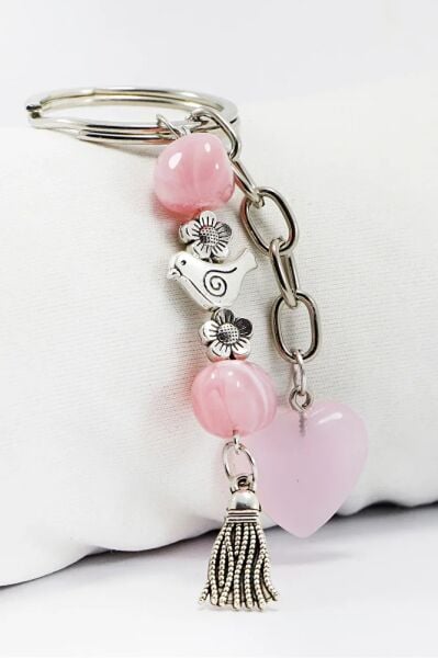 Candy Pink Bird Beaded Cluster Domed Heart Keychain, Gift Keychain