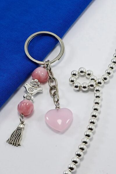 Candy Pink Bird Beaded Cluster Domed Heart Keychain, Gift Keychain