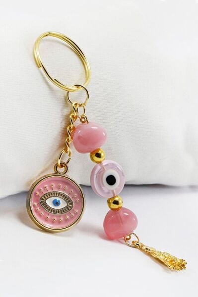 Candy Pink Flat Evil Eye Bead Pendant Eye Figured Keychain, Gift Keychain