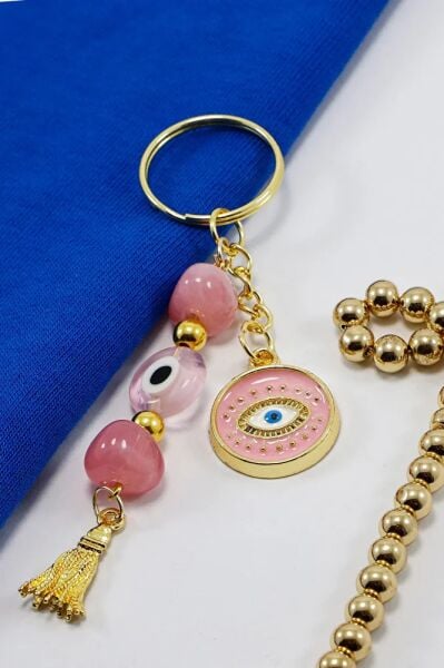 Candy Pink Flat Evil Eye Bead Pendant Eye Figured Keychain, Gift Keychain