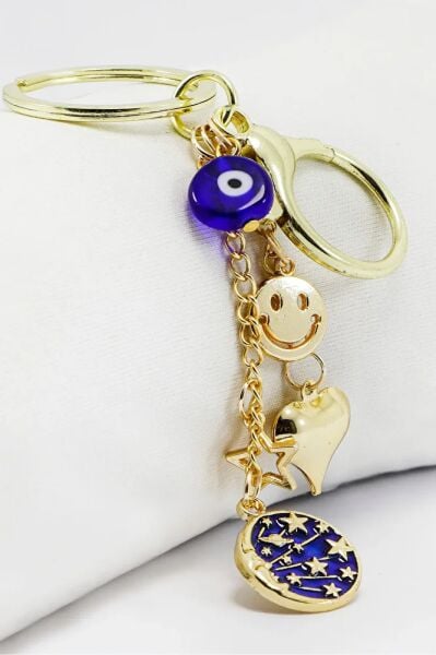 Smiley Faced Star Evil Eye Planet Keychain, Gold Color Gift Keychain