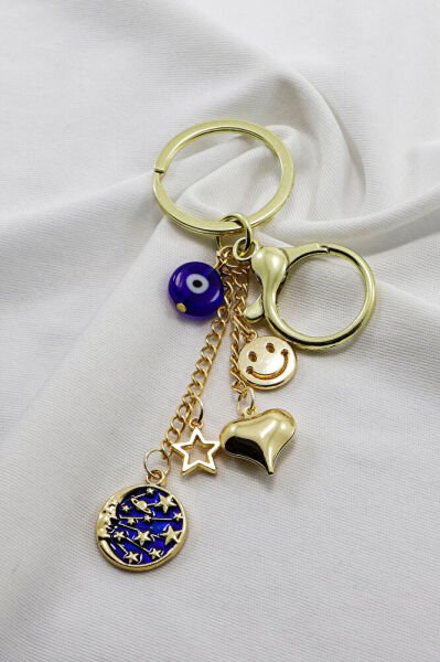 Smiley Faced Star Evil Eye Planet Keychain, Gold Color Gift Keychain