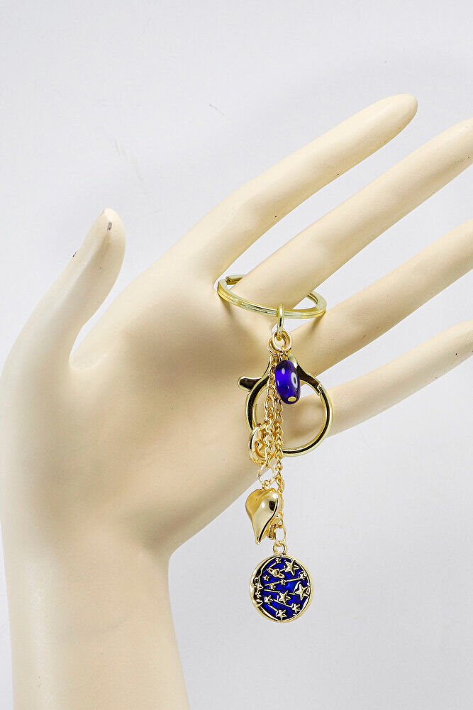 Gülen Yüzlü Yıldızlı Nazar Gezegenli Anahtarlık, Gold Renkli Hediyelik Anahtarlık