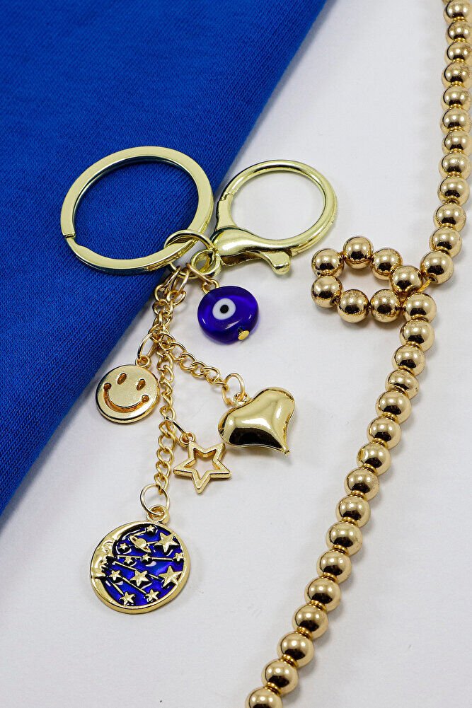 Gülen Yüzlü Yıldızlı Nazar Gezegenli Anahtarlık, Gold Renkli Hediyelik Anahtarlık