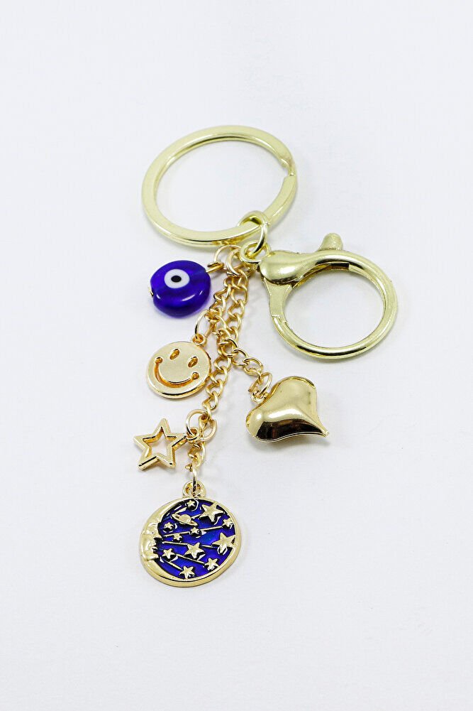 Gülen Yüzlü Yıldızlı Nazar Gezegenli Anahtarlık, Gold Renkli Hediyelik Anahtarlık