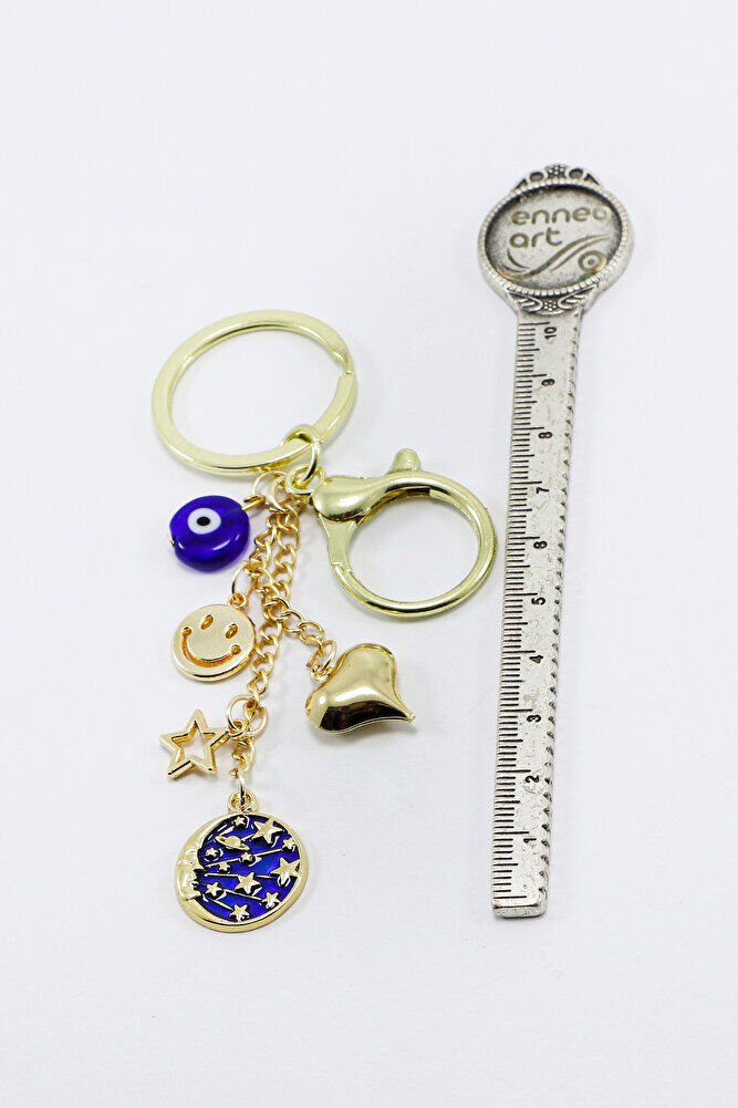 Gülen Yüzlü Yıldızlı Nazar Gezegenli Anahtarlık, Gold Renkli Hediyelik Anahtarlık