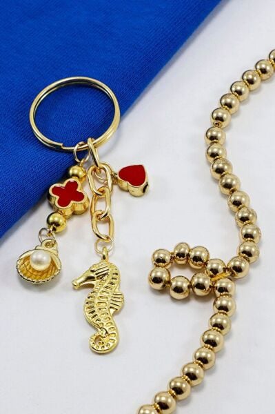Enameled Heart Seahorse Pearl Shell Keychain, Gold Color Gift Keychain