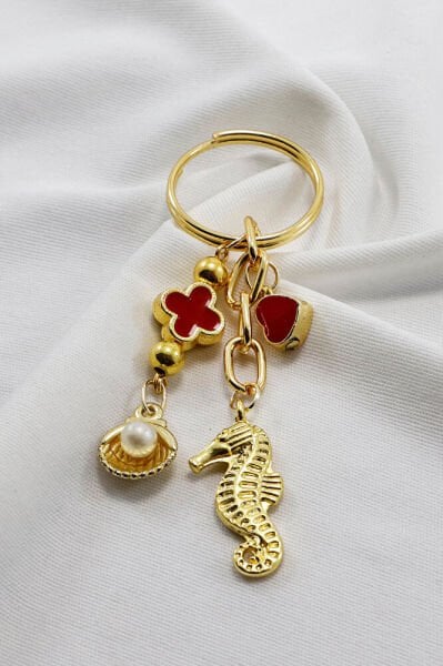 Enameled Heart Seahorse Pearl Shell Keychain, Gold Color Gift Keychain