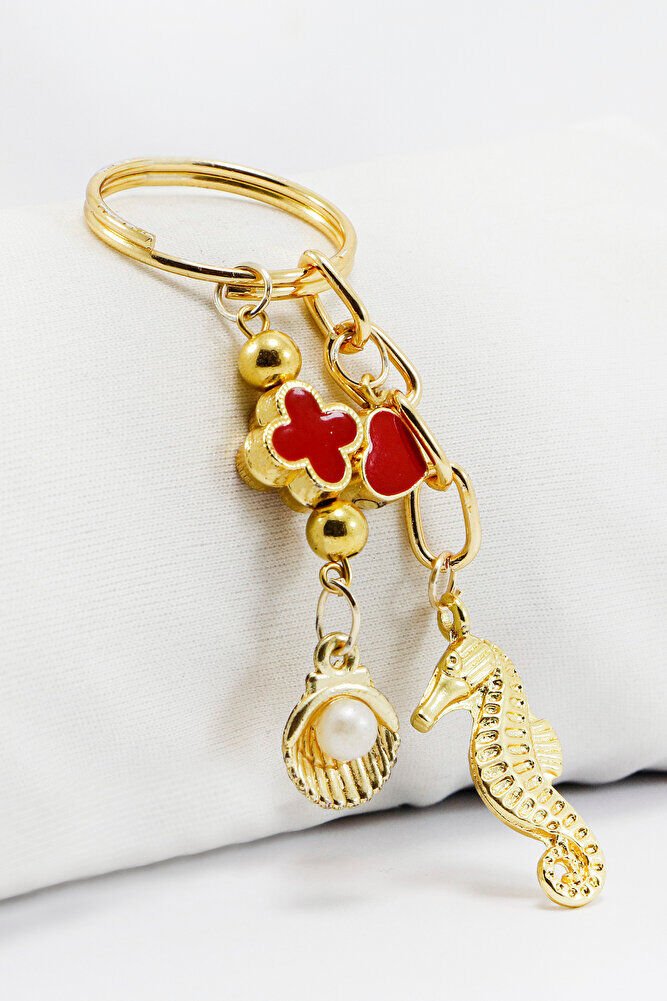 Enameled Heart Seahorse Pearl Shell Keychain, Gold Color Gift Keychain