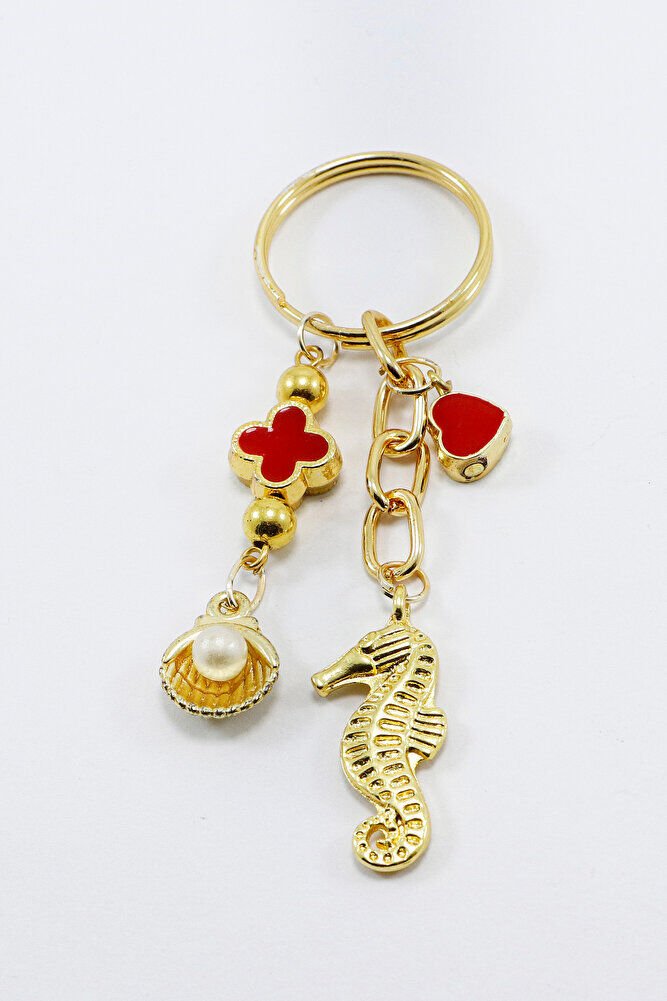 Enameled Heart Seahorse Pearl Shell Keychain, Gold Color Gift Keychain