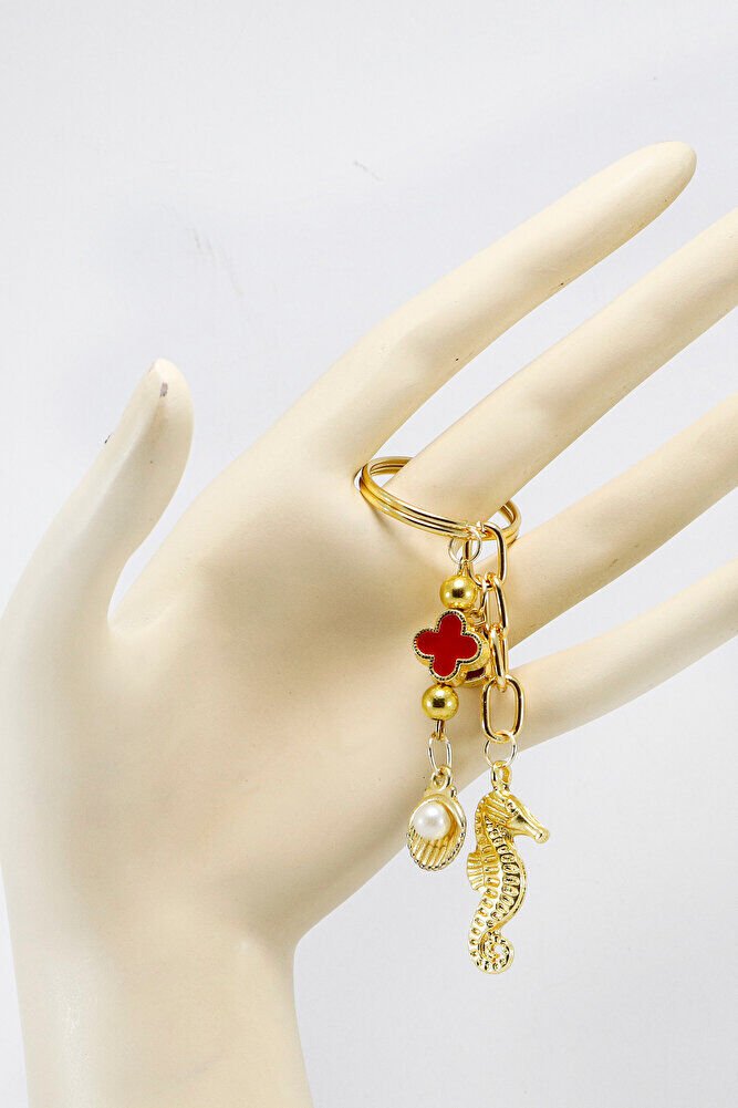 Enameled Heart Seahorse Pearl Shell Keychain, Gold Color Gift Keychain