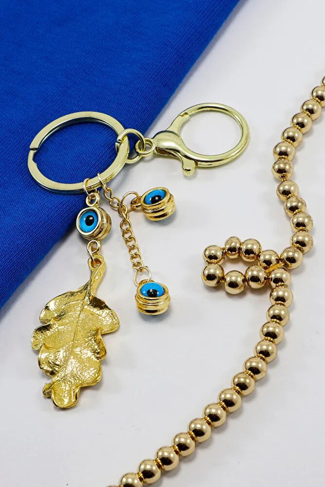 Çerçeveli Nazarlı Bohem Yaprak Anahtarlık, Gold Renkli Hediyelik Anahtarlık