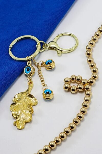 Framed Evil Eye Bohemian Leaf Keychain, Gold Color Gift Keychain