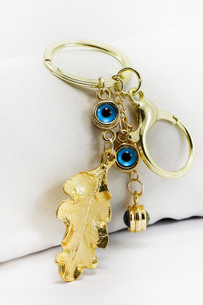 Çerçeveli Nazarlı Bohem Yaprak Anahtarlık, Gold Renkli Hediyelik Anahtarlık