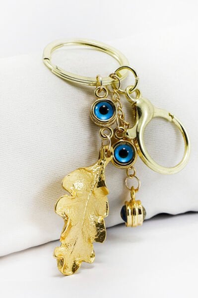 Framed Evil Eye Bohemian Leaf Keychain, Gold Color Gift Keychain