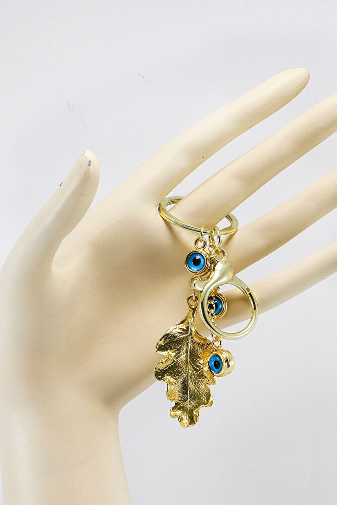 Çerçeveli Nazarlı Bohem Yaprak Anahtarlık, Gold Renkli Hediyelik Anahtarlık