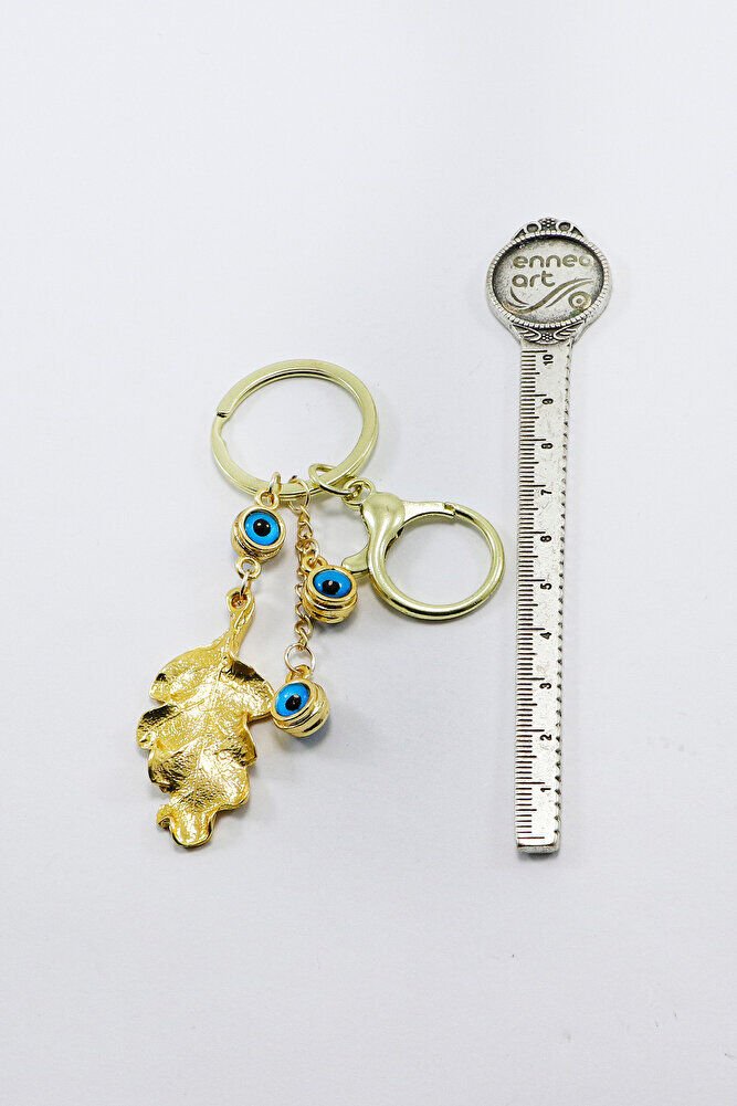 Çerçeveli Nazarlı Bohem Yaprak Anahtarlık, Gold Renkli Hediyelik Anahtarlık