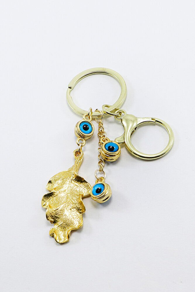 Çerçeveli Nazarlı Bohem Yaprak Anahtarlık, Gold Renkli Hediyelik Anahtarlık