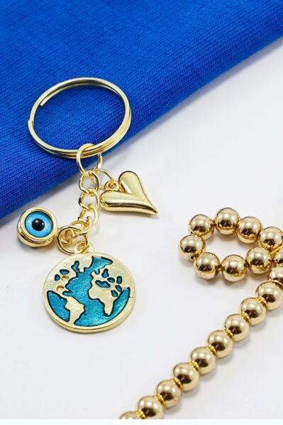 Domed Heart Evil Eye Beaded Enameled World Keychain, Gift Keychain