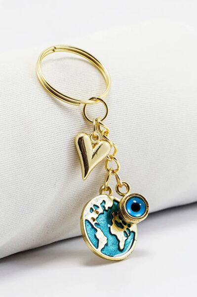 Domed Heart Evil Eye Beaded Enameled World Keychain, Gift Keychain