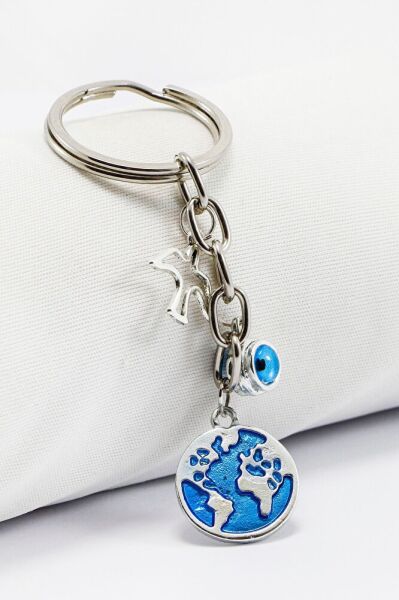 Framed Evil Eye Beaded Bird Figured Enameled World Keychain, Gift Keychain
