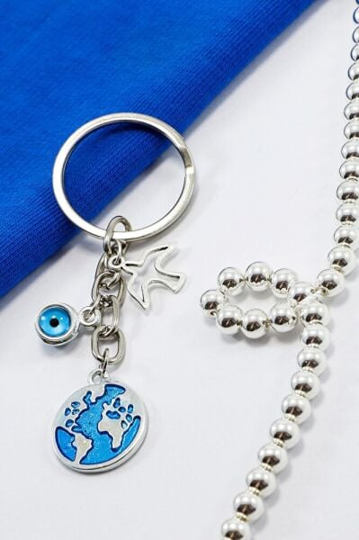 Framed Evil Eye Beaded Bird Figured Enameled World Keychain, Gift Keychain