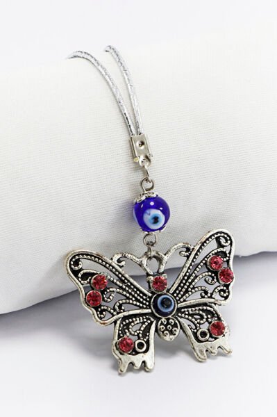 El Yapımı Lacivert Cam Nazar Boncuklu Parlak Taşlı Eskitme Kelebek Figürlü Araba Dikiz Ayna Süsü