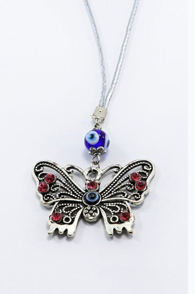 El Yapımı Lacivert Cam Nazar Boncuklu Parlak Taşlı Eskitme Kelebek Figürlü Araba Dikiz Ayna Süsü