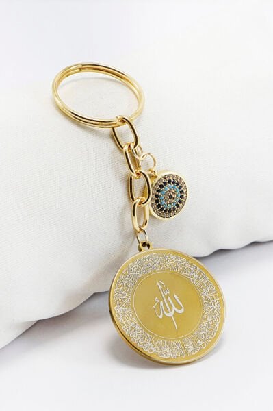 Gold Color Zircon Evil Eye Steel Double Sided Ayatel Kursi Allah Word Falak Nas Ihlas Keychain