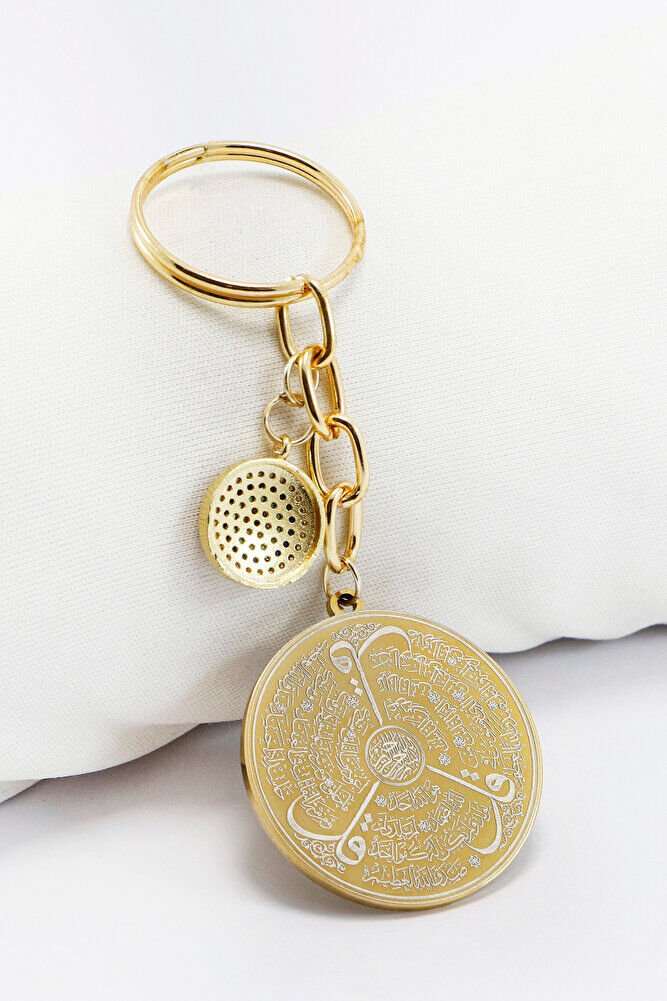 Gold Color Zircon Evil Eye Steel Double Sided Ayatel Kursi Allah Word Falak Nas Ihlas Keychain
