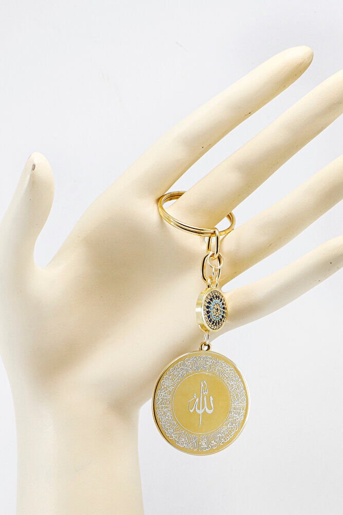 Gold Color Zircon Evil Eye Steel Double Sided Ayatel Kursi Allah Word Falak Nas Ihlas Keychain