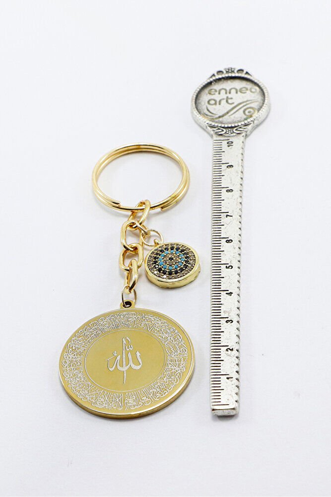 Gold Color Zircon Evil Eye Steel Double Sided Ayatel Kursi Allah Word Falak Nas Ihlas Keychain