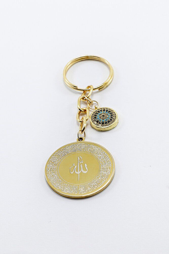 Gold Color Zircon Evil Eye Steel Double Sided Ayatel Kursi Allah Word Falak Nas Ihlas Keychain