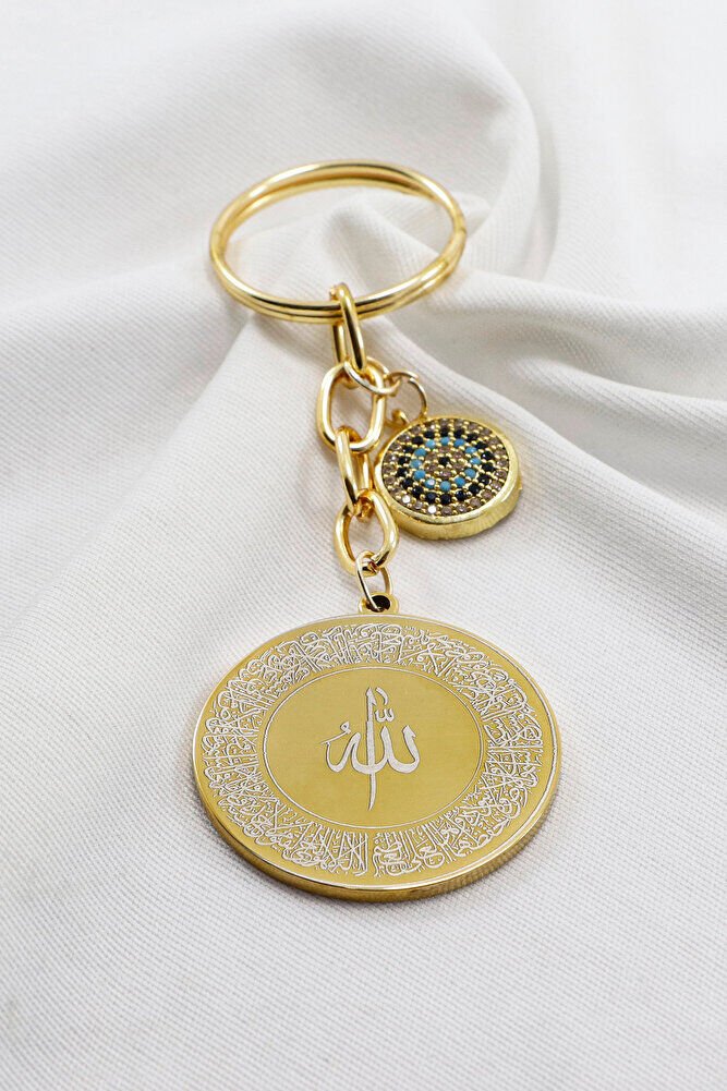 Gold Color Zircon Evil Eye Steel Double Sided Ayatel Kursi Allah Word Falak Nas Ihlas Keychain