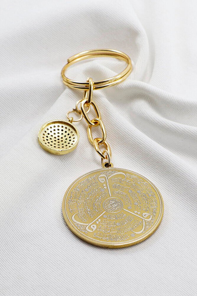 Gold Color Zircon Evil Eye Steel Double Sided Ayatel Kursi Allah Word Falak Nas Ihlas Keychain