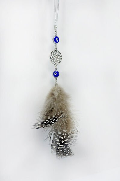 Çerçeveli Nazar Boncuklu Tüylü Araba Dikiz Ayna Süsü, Yeni Araba Hediyesi