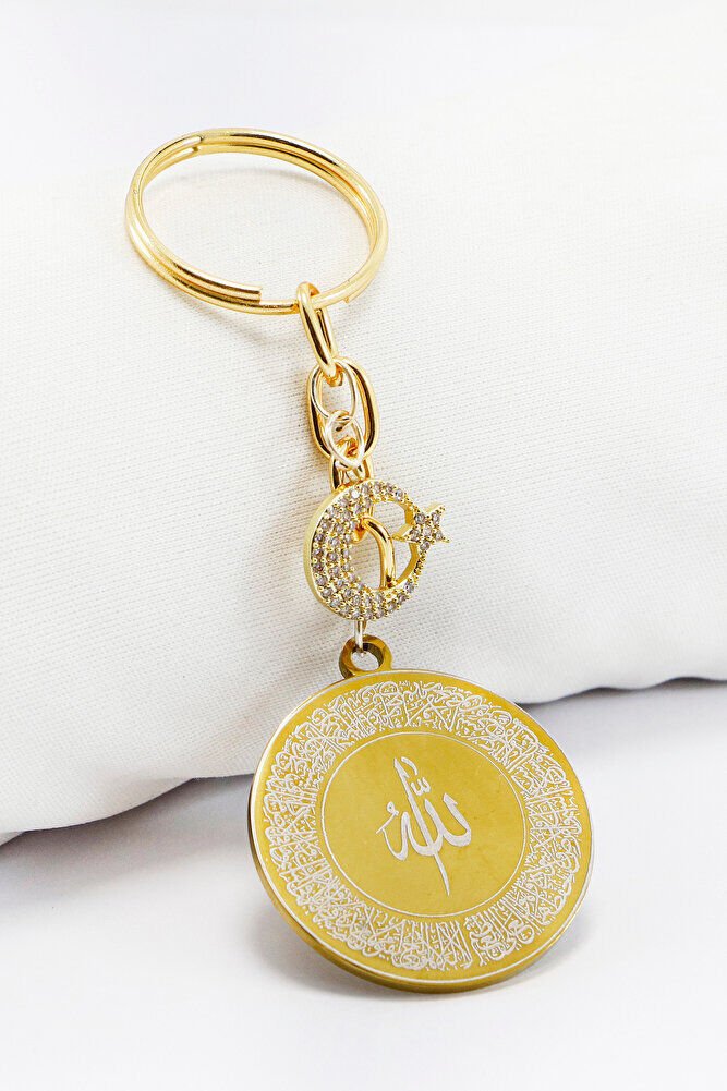 Gold Renkli Ay Yıldızlı Çelik Çift Taraflı Ayetel Kürsi Allah Lafzı Felak Nas Ihlas Anahtarlık