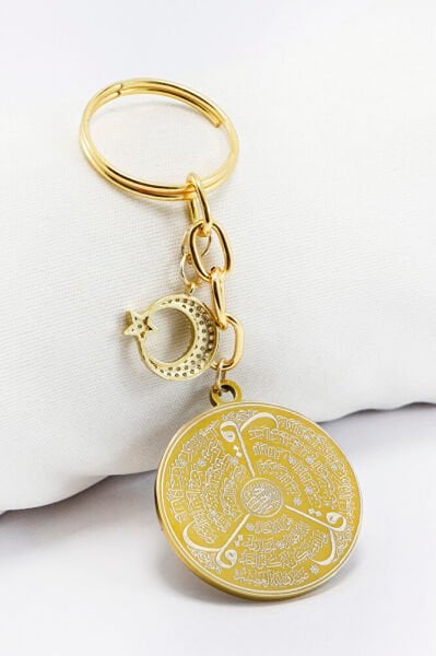 Gold Colored Crescent Star Steel Double Sided Ayetel Kursi Allah Word Falak Nas Ihlas Keychain