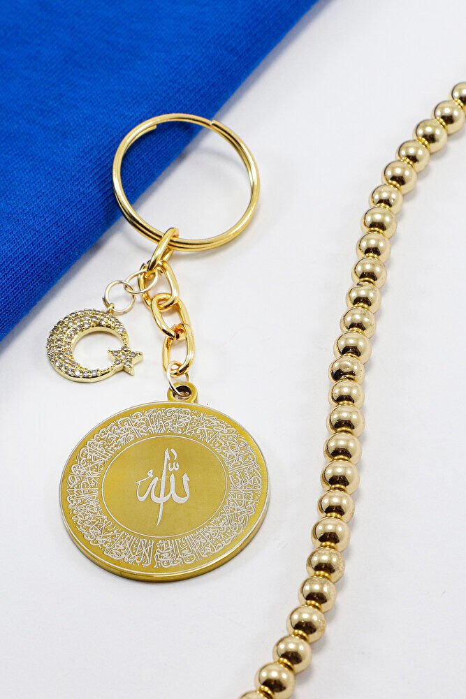 Gold Renkli Ay Yıldızlı Çelik Çift Taraflı Ayetel Kürsi Allah Lafzı Felak Nas Ihlas Anahtarlık