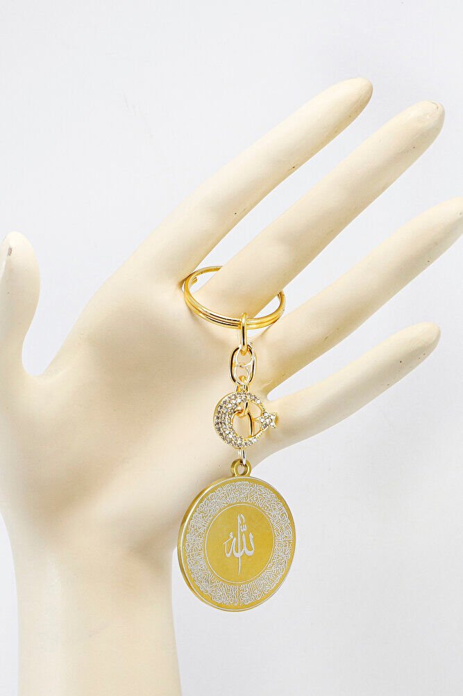 Gold Renkli Ay Yıldızlı Çelik Çift Taraflı Ayetel Kürsi Allah Lafzı Felak Nas Ihlas Anahtarlık