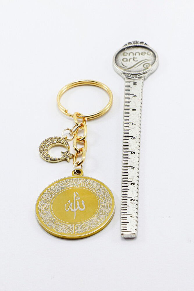 Gold Renkli Ay Yıldızlı Çelik Çift Taraflı Ayetel Kürsi Allah Lafzı Felak Nas Ihlas Anahtarlık