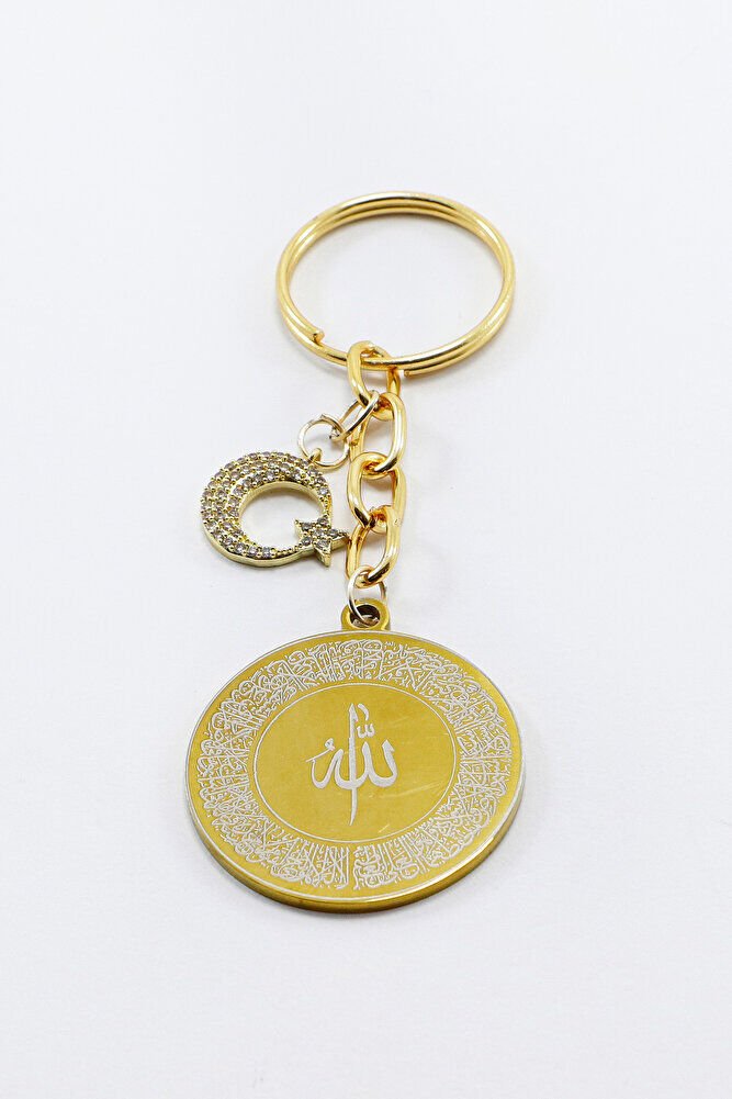 Gold Renkli Ay Yıldızlı Çelik Çift Taraflı Ayetel Kürsi Allah Lafzı Felak Nas Ihlas Anahtarlık