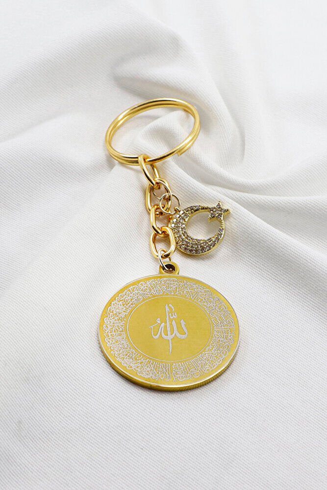 Gold Renkli Ay Yıldızlı Çelik Çift Taraflı Ayetel Kürsi Allah Lafzı Felak Nas Ihlas Anahtarlık